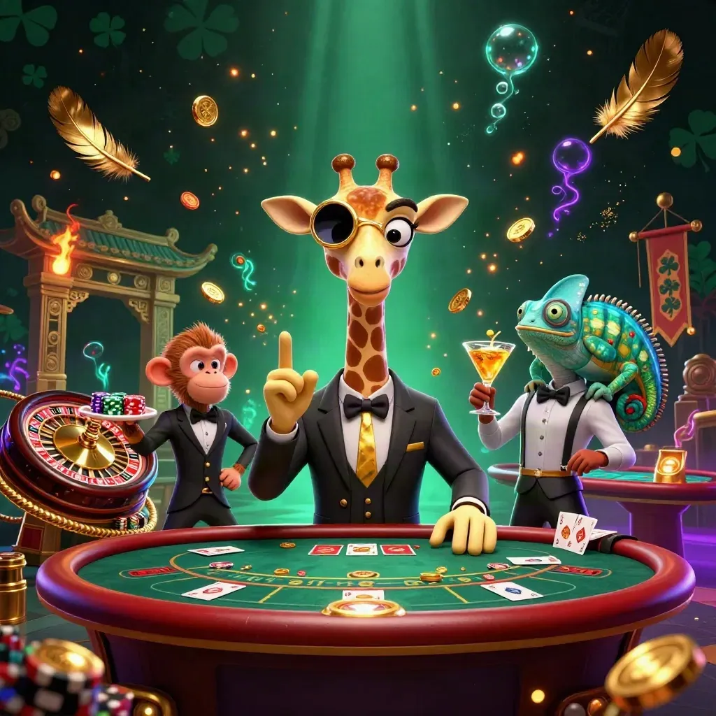 Giraffe, monkey valet, and chameleon bartender in a neon casino treasure storm