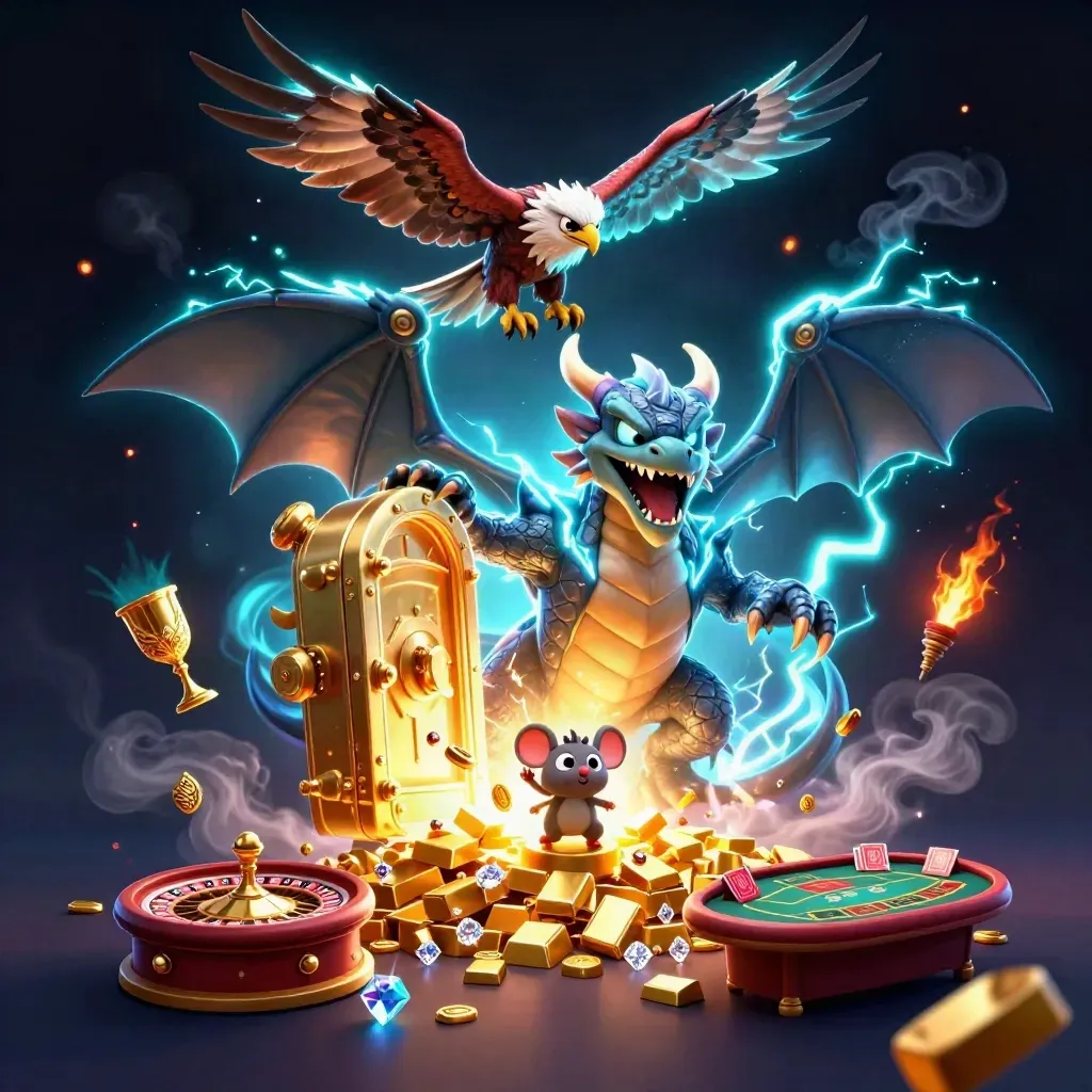 Thunder dragon, hawk and mouse burst from a golden vault with casino treasure in neon cyan light