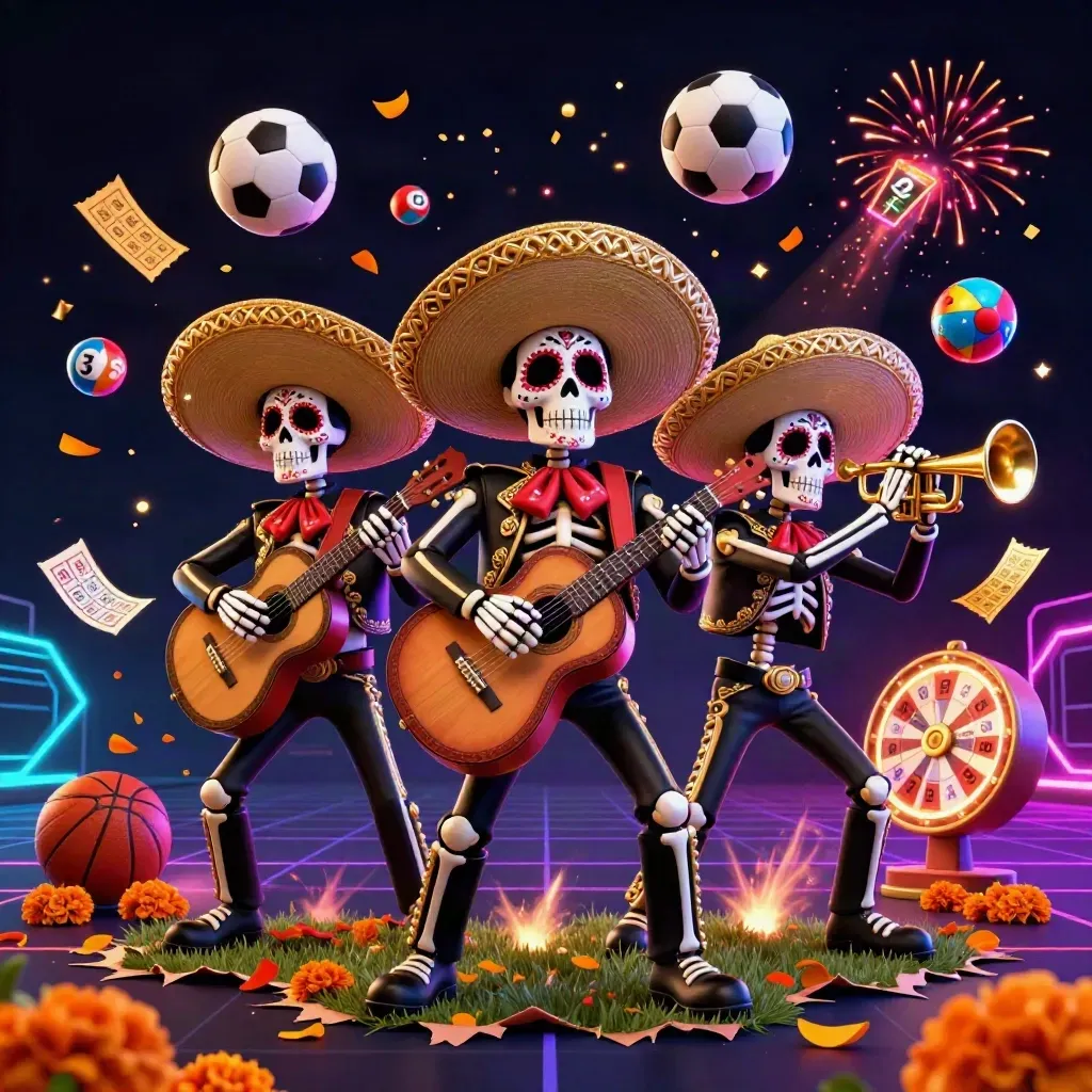 Skeleton mariachi trio amid soccer ball, lottery balls and neon casino effects