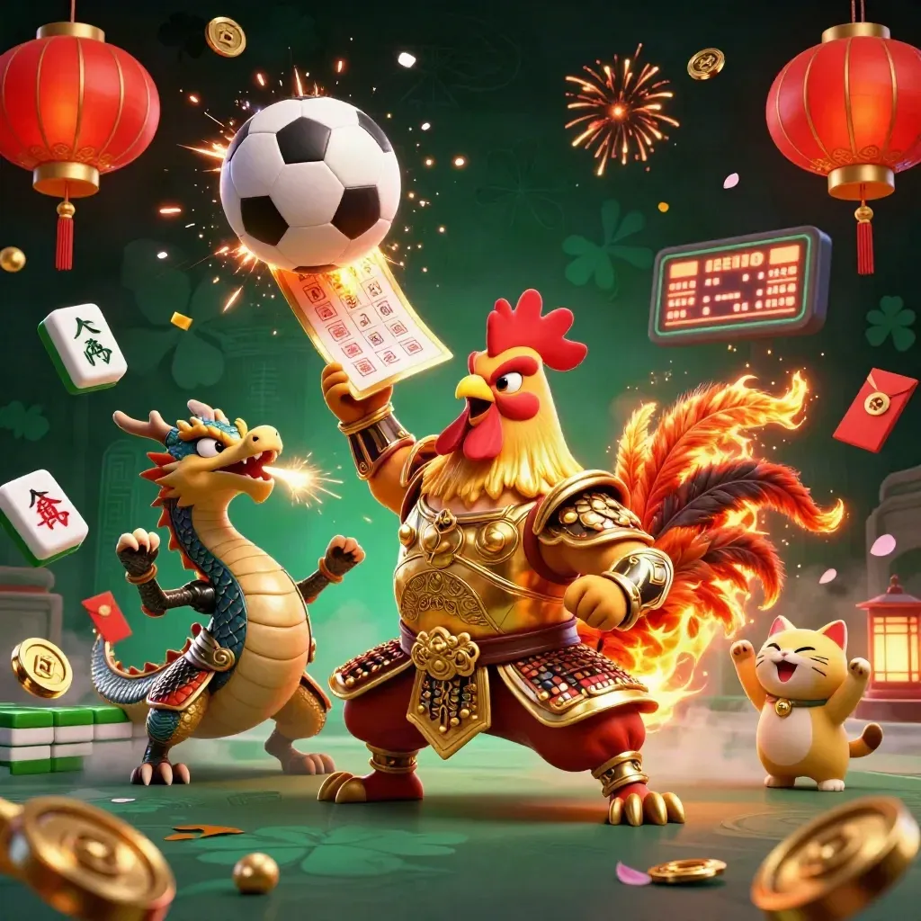 Rooster warrior, dragon hatchling and fortune cat amid neon casino sports props and gold sparks.