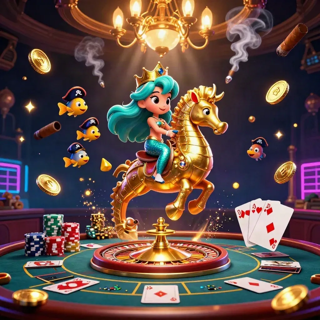 Mermaid princess on armored seahorse amid casino coins, gems, roulette wheel and neon luxury.
