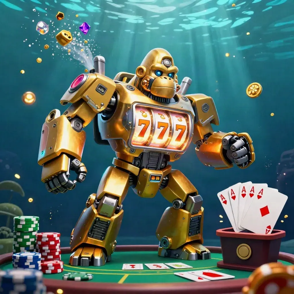 Golden gorilla mech with tiny monkey pilot exploding underwater amid chips, aces, gems and cyan glow