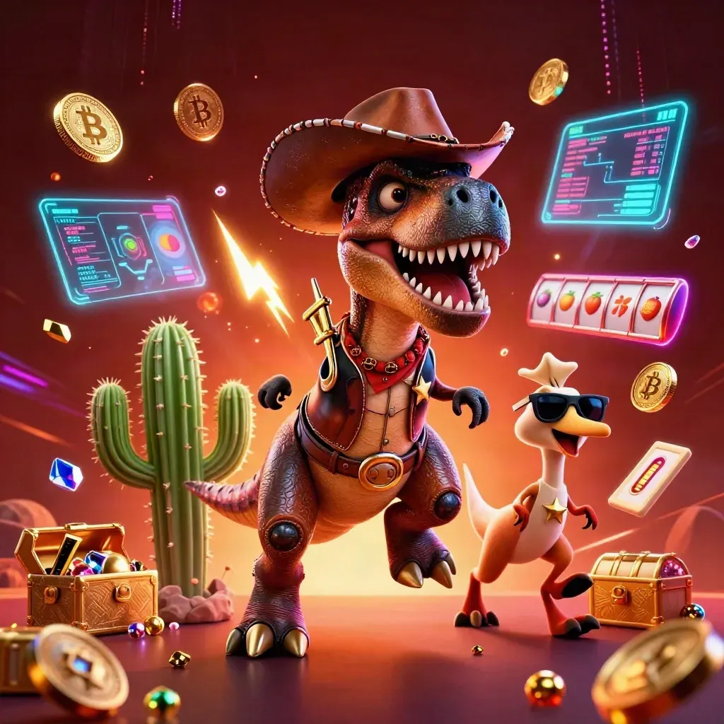 Cowboy T-Rex, cactus sidekick and roadrunner burst through neon crypto casino chaos.