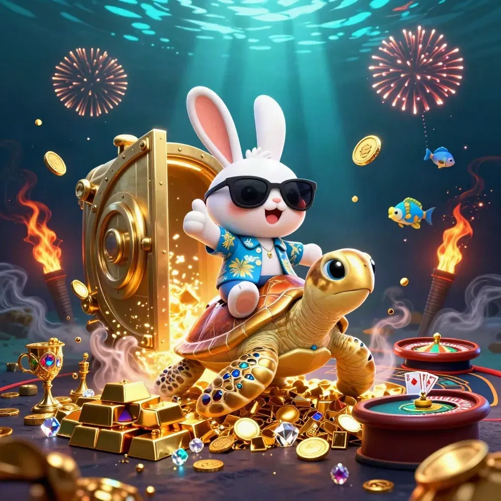 Lucky rabbit rides a jeweled sea turtle as treasure, coins, and casino effects burst around them.