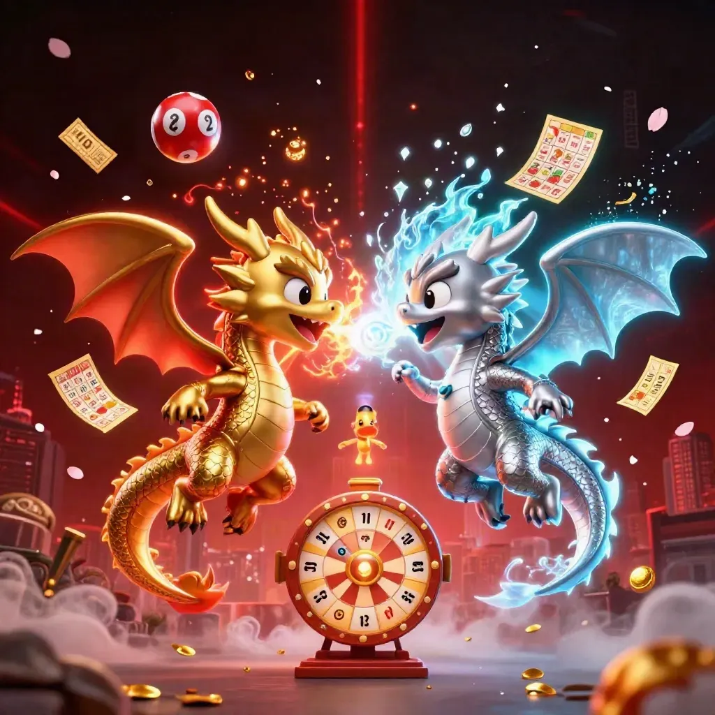 Twin gold and silver dragons spiral with fire and ice, bursting casino tokens in neon cyan glow