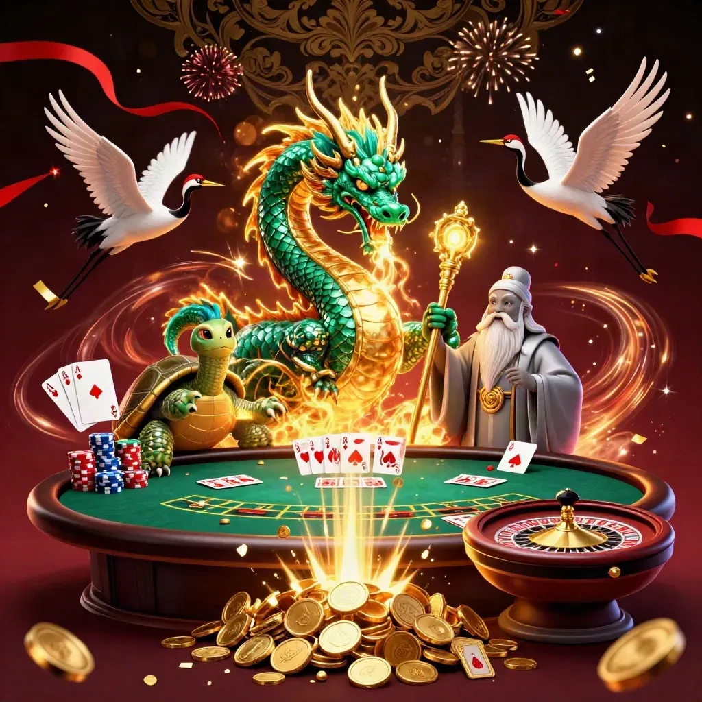 Jade dragon, turtle sage, and cranes amid casino cards, coins, fireworks, and neon energy.
